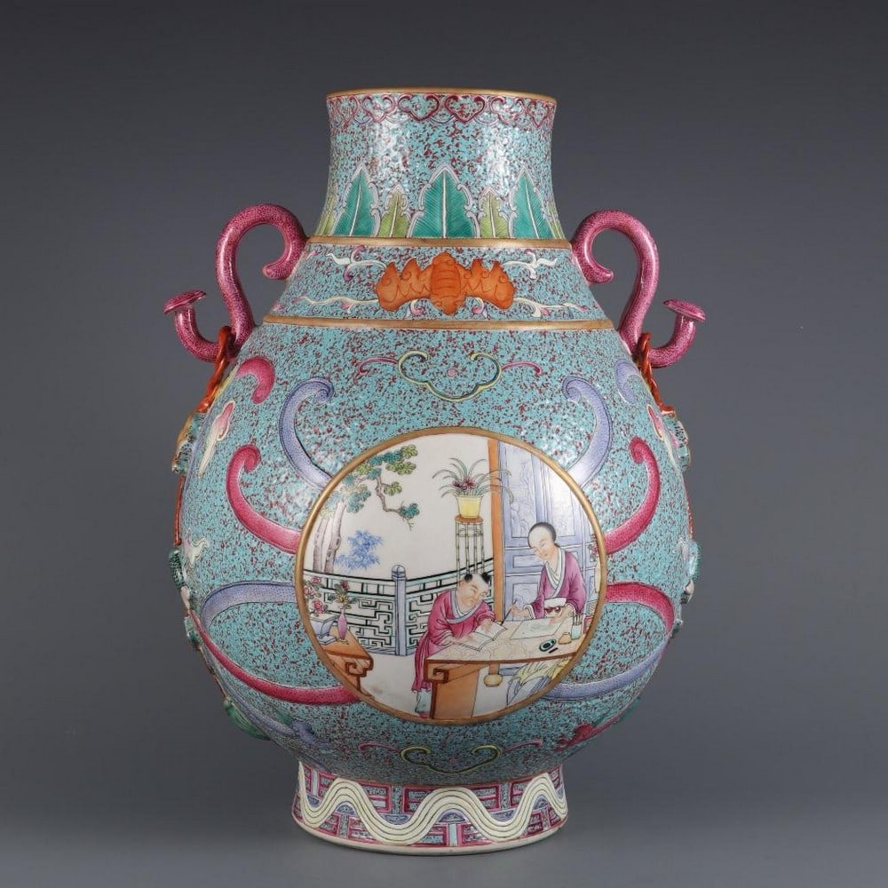 Famille Rose Ruyi-Eared Vase with ''Sanniang Guiding Her Son'' Motif: Famille Rose Ruyi-Eared Vase with "Sanniang Guiding Her Son" Motif A magnificent porcelain vase, distinguished by its elegant ruyi-shaped ears and a lustrous Lu Jun glaze ground, richly