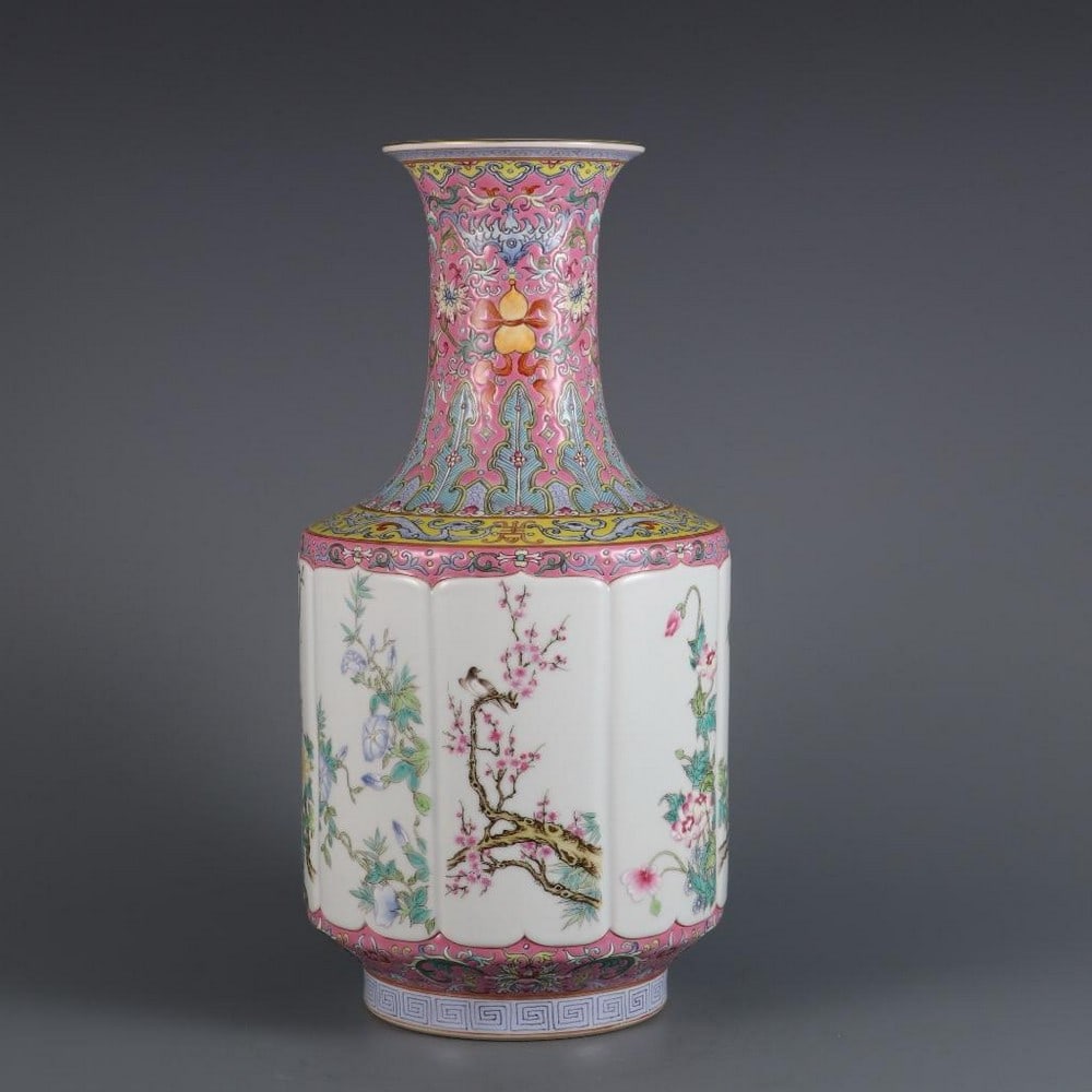 Famille Rose Flower and Bird Appreciation Bottle: Famille Rose Flower and Bird Appreciation Bottle An elegant porcelain appreciation bottle, beautifully decorated in the famille rose palette with a classic flower and bird motif. The slender form is
