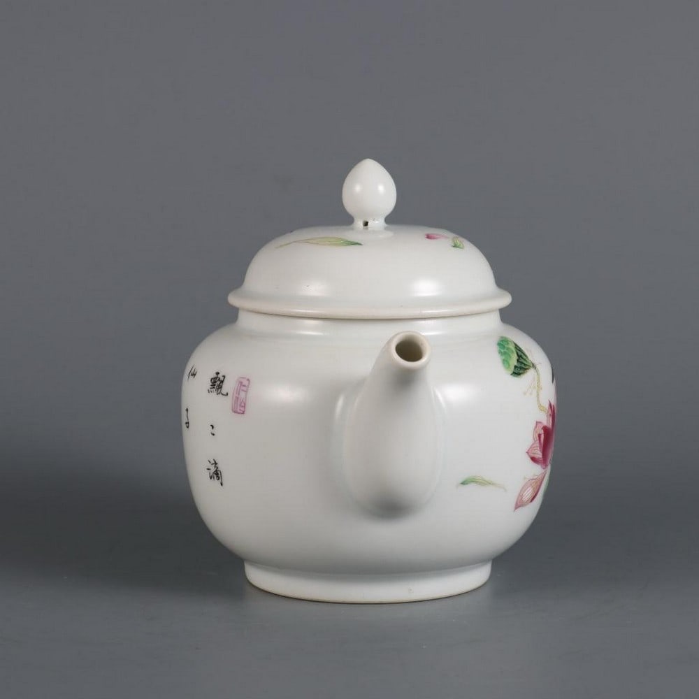 Enameled Teapot with Bird Motif: Enameled Teapot with Bird Motif This graceful enameled porcelain teapot inspired by the refined elegance of early Qing craftsmanship. The teapot is delicately painted in rich enamel colors with a