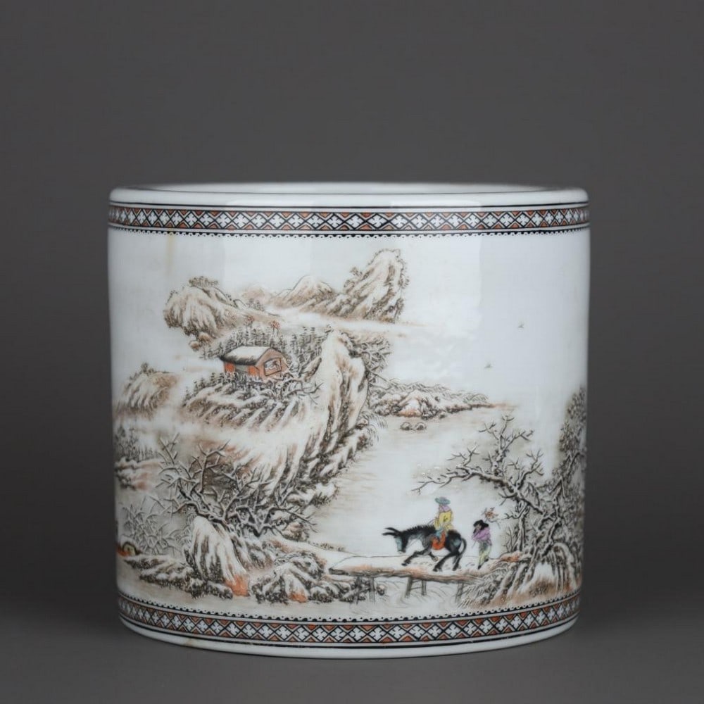 Pen Holder with Winter Landscape: Pen Holder with Winter Landscape An evocative pen holder inspired from the Republic of China period, bearing the mark of renowned artist He Xuren (1904 -1993). The piece features a delicate winter lan