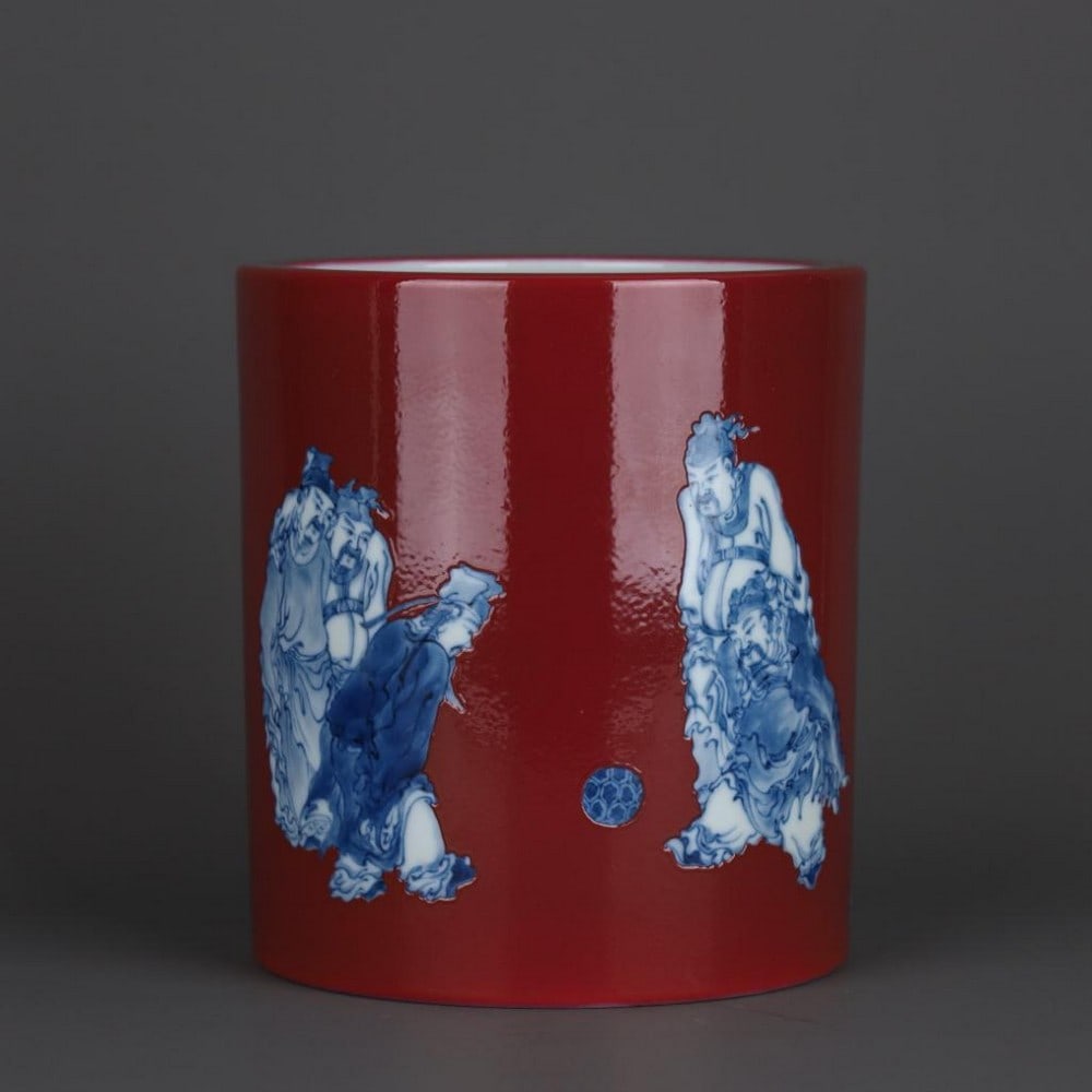 Carmine Glaze Ground Blue and White Juju Figure Pen Holder: Carmine Glaze Ground Blue and White Juju Figure Pen Holder A striking pen holder inspired from the Republic of China period, marked by the esteemed porcelain artist Wang Bu (1898 -1968), featuring a u