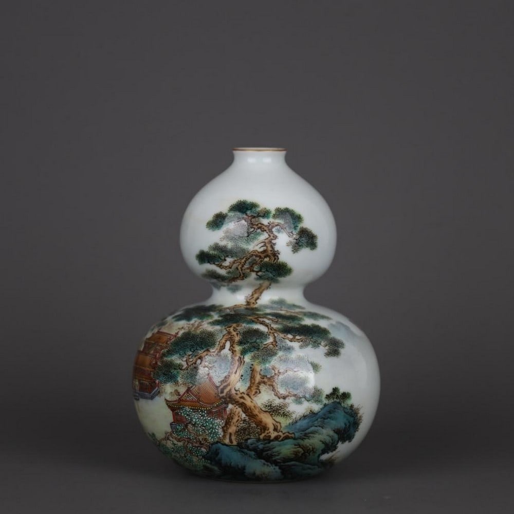 Inspired Qianlong Mark Famille Rose Landscape with Poems Gourd Bottle (1 of 9)