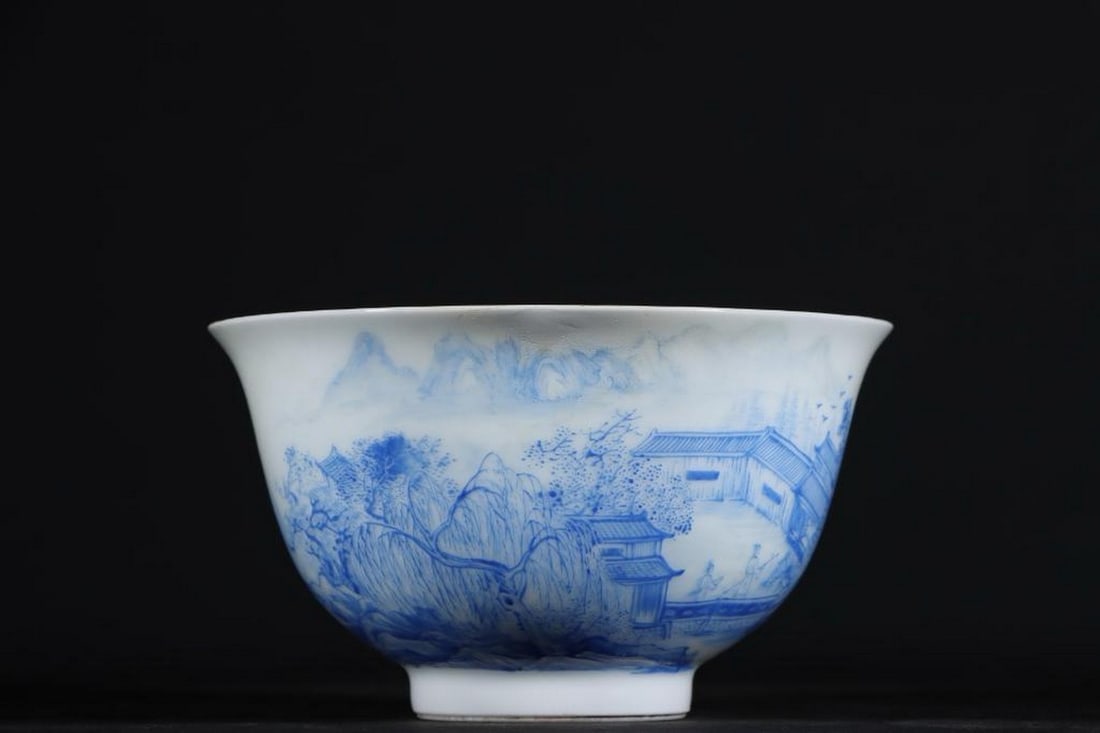 Yongzheng Style Enamel Blue Landscape Pavilion Tea Bowl: Yongzheng Style Enamel Blue Landscape Pavilion Tea Bowl. A beautifully crafted tea bowl inspired by the Qing Dynasty Yongzheng period, featuring an exquisite enamel blue landscape depicting pavilions 