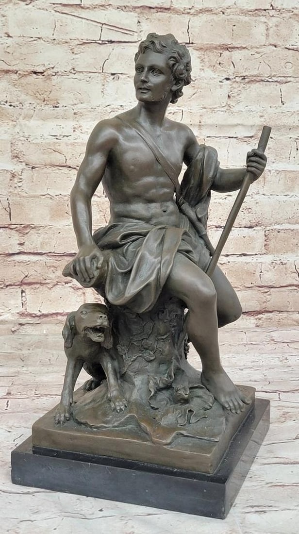 Shepherd with His Dog'' Bronze Sculpture Inspired by Barbedienne on Marble Base - 15'' x 7'': "Shepherd with His Dog" Bronze Sculpture Inspired by Barbedienne on Marble Base - 15" x 7" Experience the timeless bond between man and his loyal companion with the exquisite bronze sc