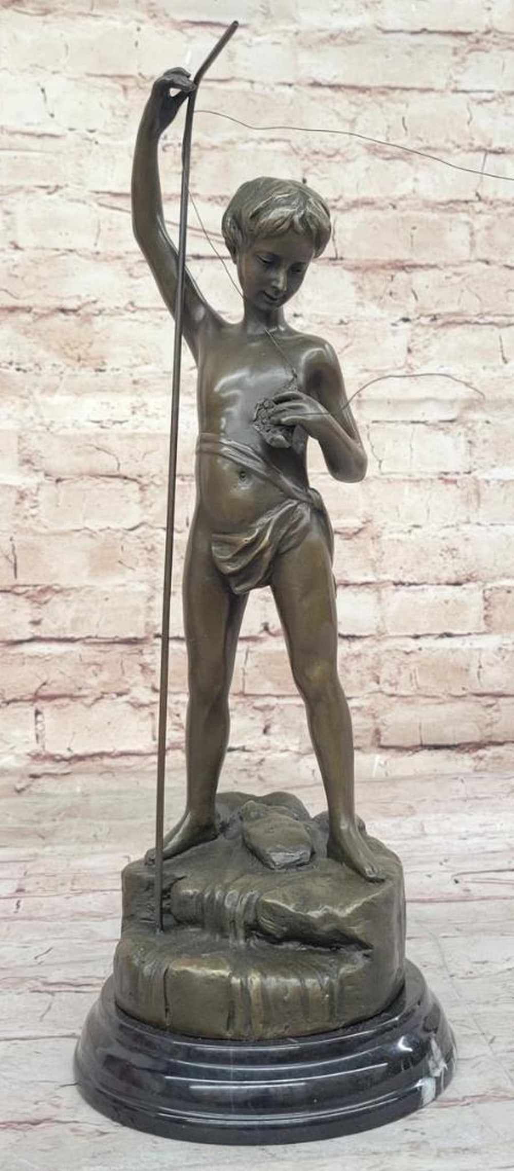 Tranquil Waters: A. Bofill's Boy Fishing Inspired Bronze Sculpture on Marble Base - 15'' x 6'': Tranquil Waters: A. Bofill's Boy Fishing Inspired Bronze Sculpture on Marble Base - 15" x 6" Dive into the serene beauty of the Boy Fishing Bronze Sculpture by A. Bofill, a stunning masterpiec