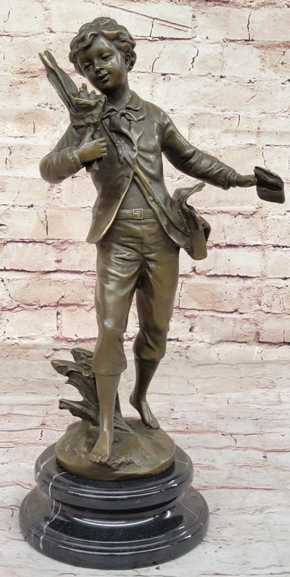 Innocence Unveiled: Bruchon Fabulous French Inspired Bronze Statue of a School Boy - 14.5'' x 7'': Innocence Unveiled: Bruchon Fabulous French Inspired Bronze Statue of a School Boy - 14.5" x 7" Delight in the enchanting aura emanating from Bruchon Sculpture's Fabulous French bronze statue 