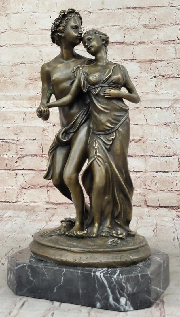 Art Nouveau Romantic Couple Original Bronze Statue - 15'' x 8'': Art Nouveau Romantic Couple Original Bronze Statue - 15" x 8" This captivating bronze sculpture portrays a tender moment between two lovers. The young woman, hurt by her love, hesitantly offer