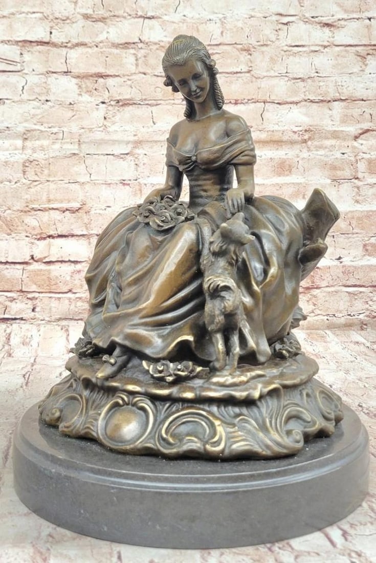 Victorian Lady with Pet Dog Inspired Bronze Statue - 14'' x 10'': Victorian Lady with Pet Dog Inspired Bronze Statue - 14" x 10" This exquisite bronze sculpture captures a serene moment between a woman and her loyal Egyptian Pharaoh Dog. The elegantly middle