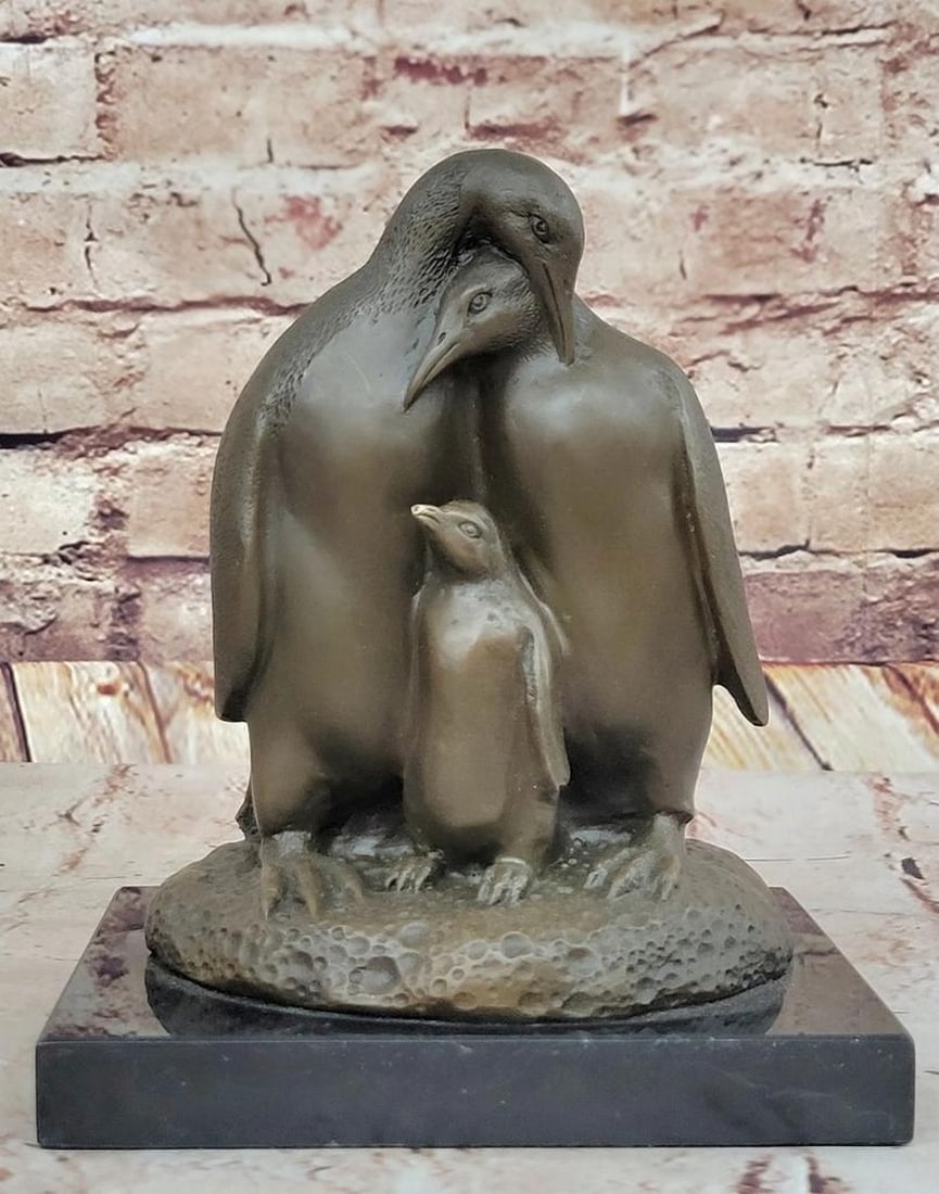 Penguin Family Embrace Bronze Sculpture by Milo - 8'' x 6'': Penguin Family Embrace Bronze Sculpture by Milo - 8" x 6" This charming bronze sculpture by Milo captures the warmth and unity of a penguin family huddled together in a loving embrace. With ex