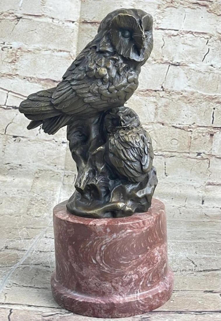 Owl Family Bronze Sculpture On Red Marble Base - 10'' x 6'' (1 of 7)