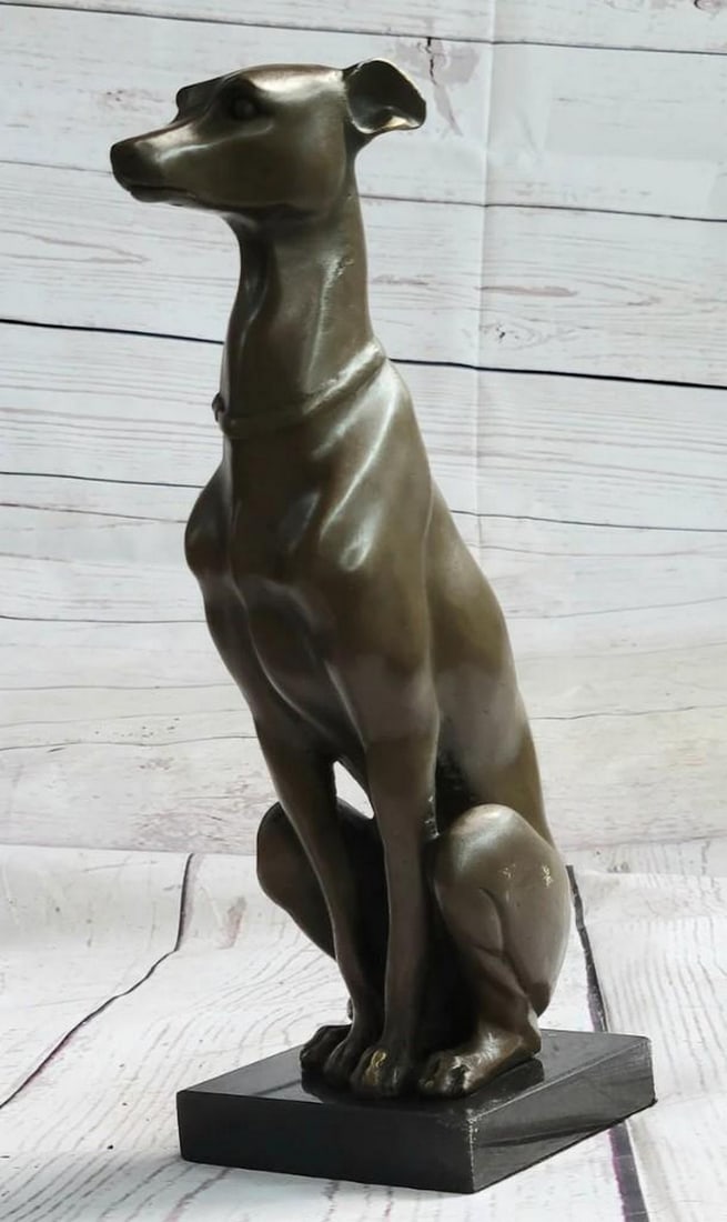 Modern Art Statue: Bronze Depiction of a Slender Greyhound Whippet on a Marble Base - 10.5'' x 3'': Experience the breathtaking beauty embodied in this magnificent Greyhound sculpture. This portrayal of a Greyhound emanates both strength and elegance, making it a striking addition to any home. Wheth