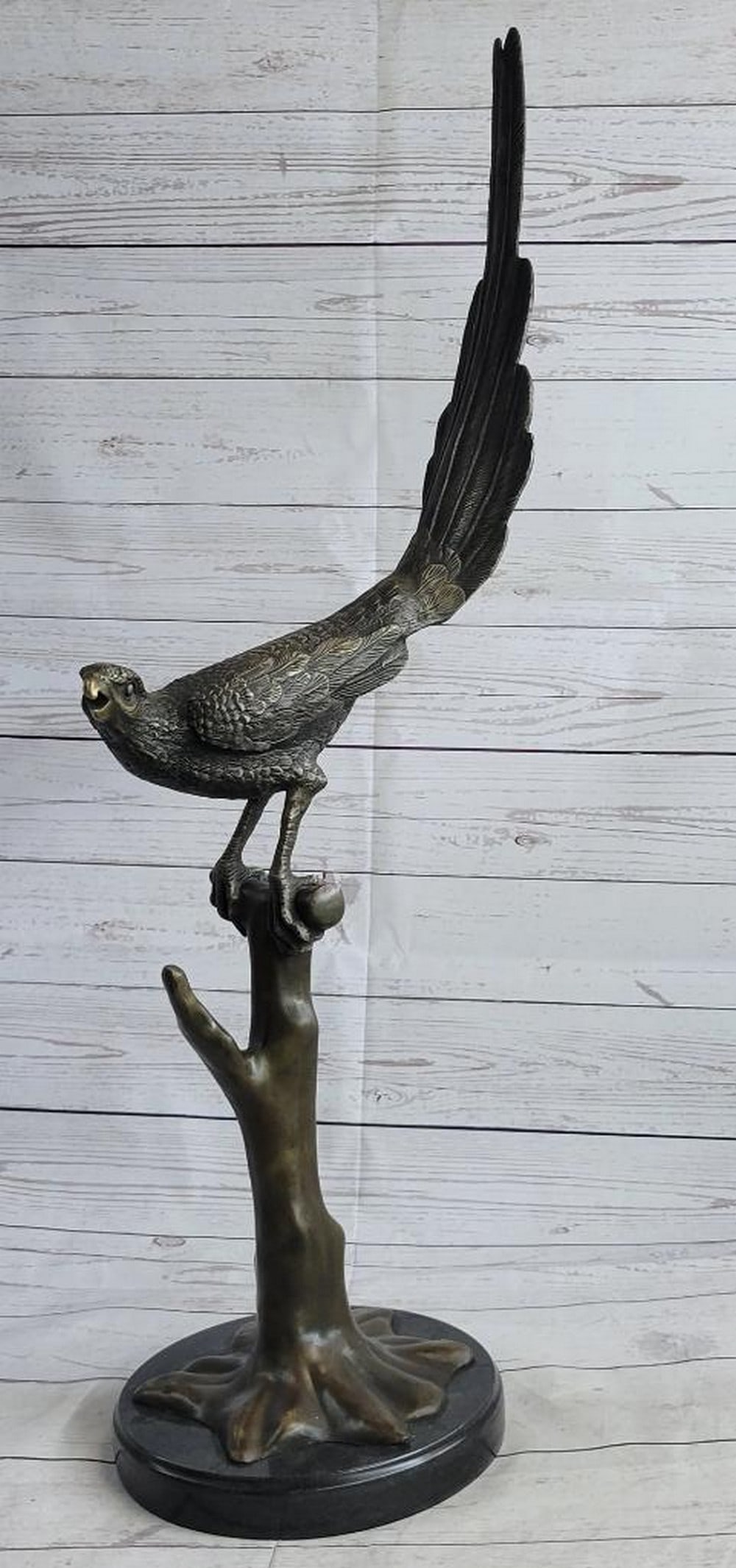 Pheasant Bronze Sculpture On Marble Base - 32'' x 19'': Pheasant Bronze Sculpture On Marble Base - 32" x 19" The Pheasant Is Captured In A Slowed Down Moment Of Action. Startled, The Extravagant Male, Leans Forward On It`S Perch, Letting Out A 
