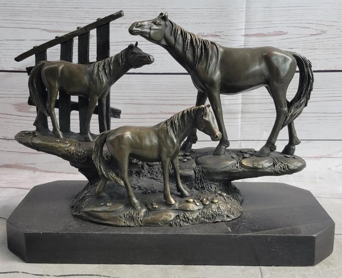 Signed Original Wandering Horses Bronze Sculpture - 8'' x 12'': Signed Original Wandering Horses Bronze Sculpture - 8" x 12" This lovely sculpture depicts a beautiful mare and foal pair of horses standing side by side along the pasture. The female horse sl