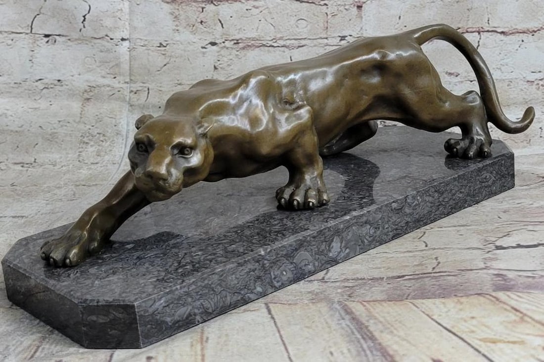 Stalking Mountain Lion Inspired Bronze Statue - 5.5'' x 16'': Stalking Mountain Lion Inspired Bronze Statue - 5.5" x 16" This captivating bronze statue depicts a mountain lion in a stalking pose, capturing the essence of its fluid movement and focused de