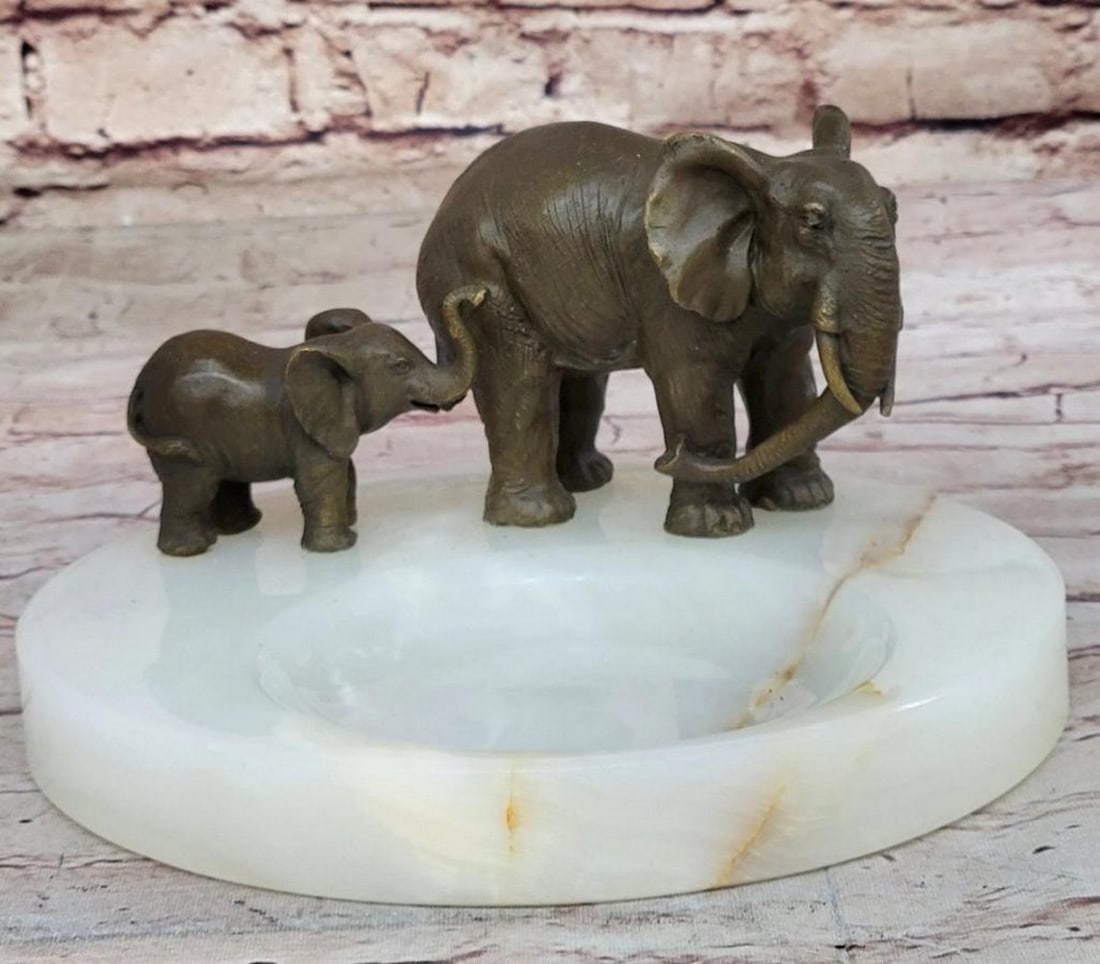 Elephant and Calf Bronze Ashtray Original Sculpture Signed by Miguel Lopez - 4'' x 8'' (1 of 6)