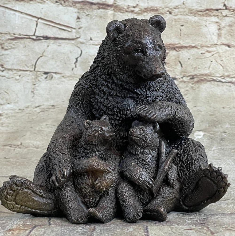 Signed Original Mama Bear with Cubs Bronze Sculpture - 6.5'' x 6.5'': Signed Original Mama Bear with Cubs Bronze Sculpture - 6.5" x 6.5" The mother bear sits upright with her two dear cubs nestled in the warmth of her fur and love. She stares out from under knit