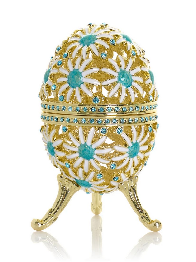Golden Floral Easter Egg Trinket Box: Golden Floral Easter Egg Trinket Box This enamel trinket box, hand-painted and adorned with Austrian crystals, is finished with 24K gold plating and features a secure magnetic closure. Each crystal