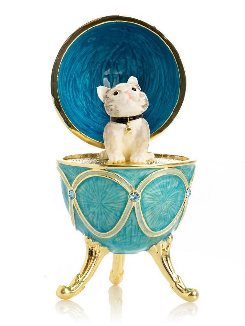 Turquoise Faberge-Style Cat Egg Trinket Box (1 of 4)
