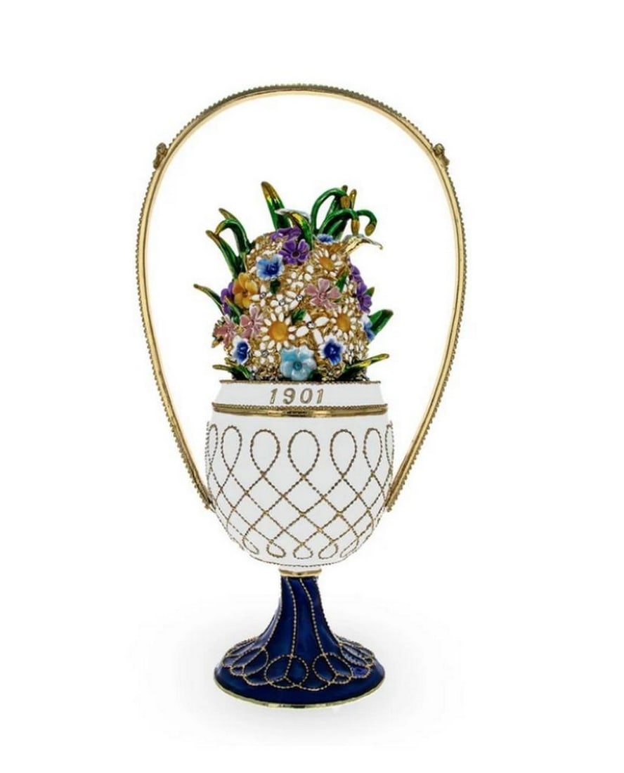 1901 Royal White Basket of Flowers Russian Inspired Egg: 1901 Royal White Basket of Flowers Russian Inspired Egg. View Photos for Further Details.