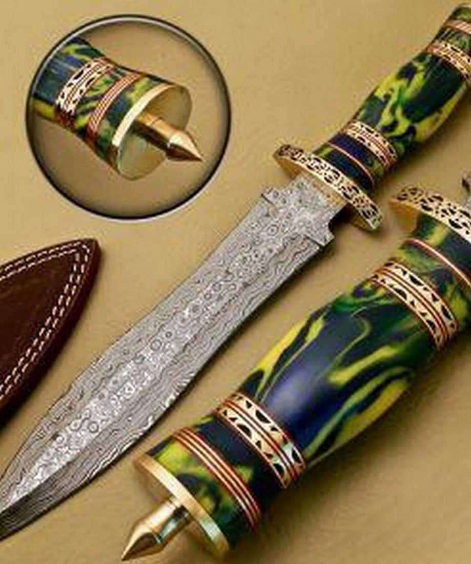 The Venoms Damascus Dagger Damascus: Custom Handmade Damascus Steel Dagger Hunting Dagger Knife Handle Acyrlic with Brass Spacer Damascus Steel Blade with 256 Layers on it. HARDNESS 56-60 H R C VERY HIGH QUALITY GENUINE LEATHER SHEATH SI