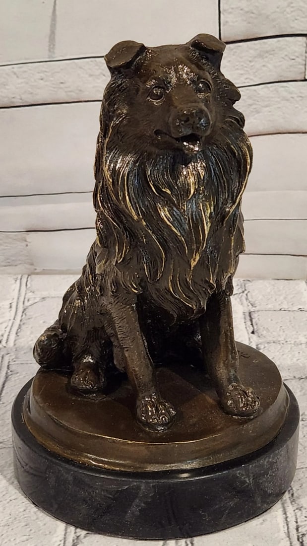 Collie Dog Bronze Sculpture by A. Caine - 9.5'' x 6'': Collie Dog Bronze Sculpture by A. Caine - 9.5" x 6" Introducing a Bronze Sculpture: This depiction of a Collie dog is handcrafted with attention to detail. The figure is shown in a calm and
