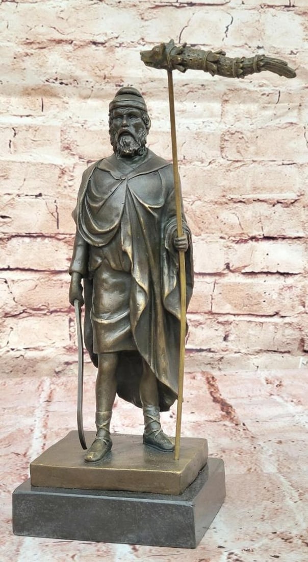 Dacian Warrior with Dragon Staff Bronze Sculpture on Marble Base - 11.5'' x 6.5'': Dacian Warrior with Dragon Staff Bronze Sculpture on Marble Base - 11.5" x 6.5" This bronze sculpture depicts a Dacian warrior standing in a commanding pose, holding a dragon-headed staff. The f