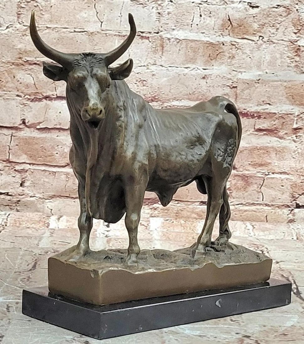 William Inspired Bronze ''Standing Bull'' Sculpture - 8.5'' x 9'': William Inspired Bronze ''Standing Bull'' Sculpture - 8.5" x 9" This bronze sculpture depicts a bull in bold, abstracted form, inspired by the modernist spirit of Pablo Picasso. The figure empha