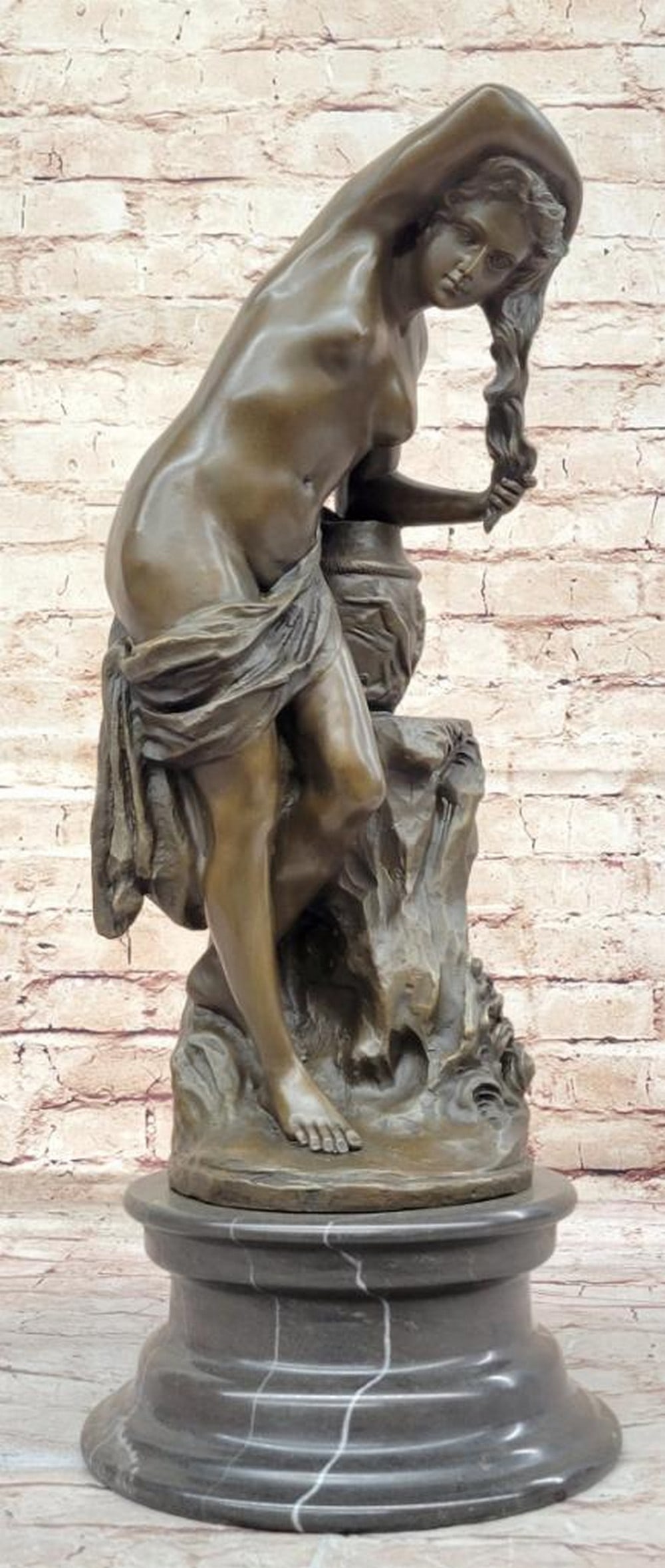 Nude Women Washing Hair Original Bronze Statue - 20'' x 8'': Nude Women Washing Hair Original Bronze Statue - 20" x 8" This bronze sculpture by Cesaro Figure captures a serene moment of a nude girl washing her hair, radiating tranquility and natural beaut