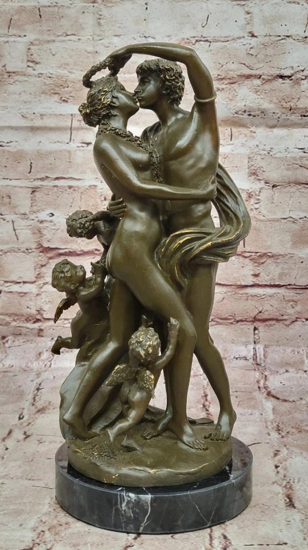 Heavenly Embrace Bronze Sculpture by Milo - Lovers and Cherub on Marble Base - 13.5'' x 6'': Heavenly Embrace Bronze Sculpture by Milo - Lovers and Cherub on Marble Base - 13.5" x 6" This enchanting bronze sculpture by Milo depicts a romantic pair embraced in a moment of divine serenity