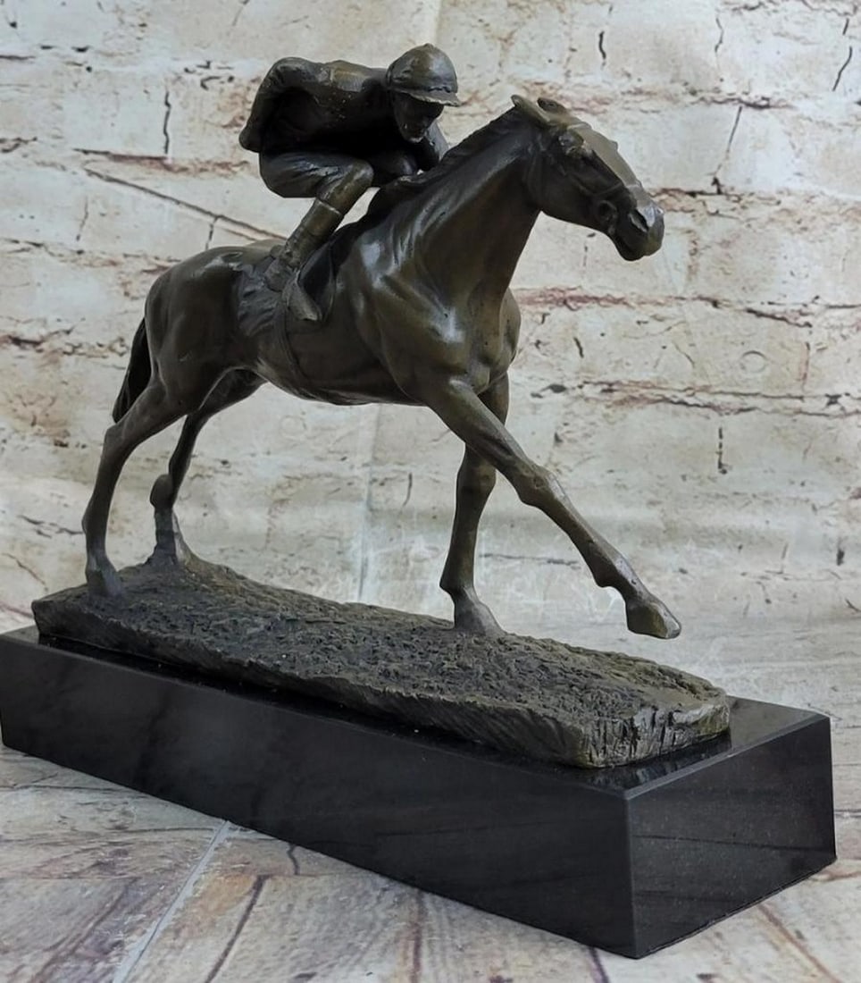 Racing Rhapsody Original Bronze Jockey on Horse Sculpture on Marble Base - 9'' x 11.5'': Racing Rhapsody Original Bronze Jockey on Horse Sculpture on Marble Base - 9" x 11.5" Experience the exhilaration of the racetrack with our " Racing Rhapsody" Original Bronze Jockey on Hor