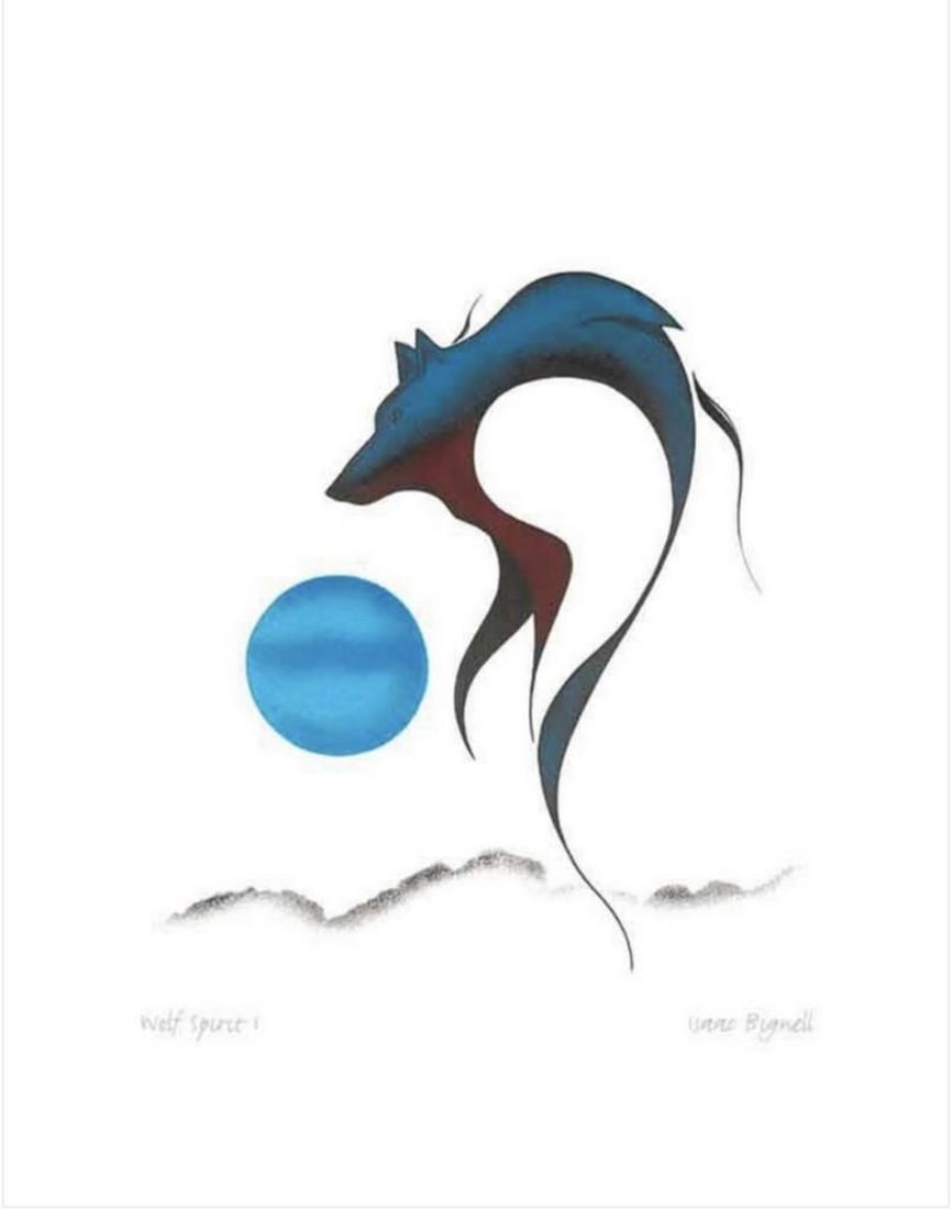 12'' x 14'' Wolf Spirit I Framed Art Print by Isaac Bignell: 12" x 14" Wolf Spirit I Framed Art Print by Isaac Bignell Isaac Bignell was a Cree painter, born in 1958 on the Pas Reserve, 400 miles north of Winnipeg in Manitoba. Isaac moved to Winnipeg, the