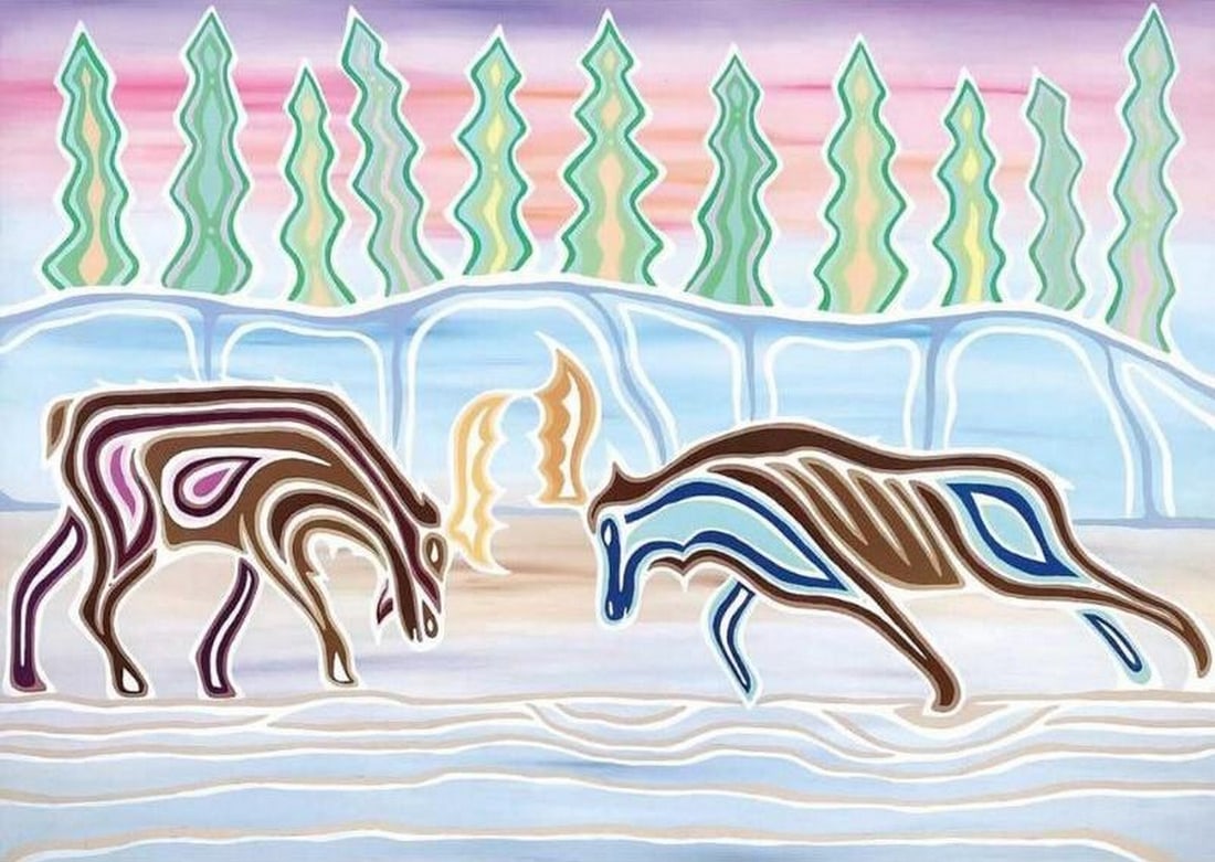 12'' x 14'' Patrick Hunter's ''Moose Battle'' Framed Art Print: 12" x 14" Patrick Hunter s " Moose Battle" Framed Art Print Patrick Hunter, a 2spirit Ojibway artist hailing from Red Lake, Ontario, specializes in Woodland and graphic artistry. Influence