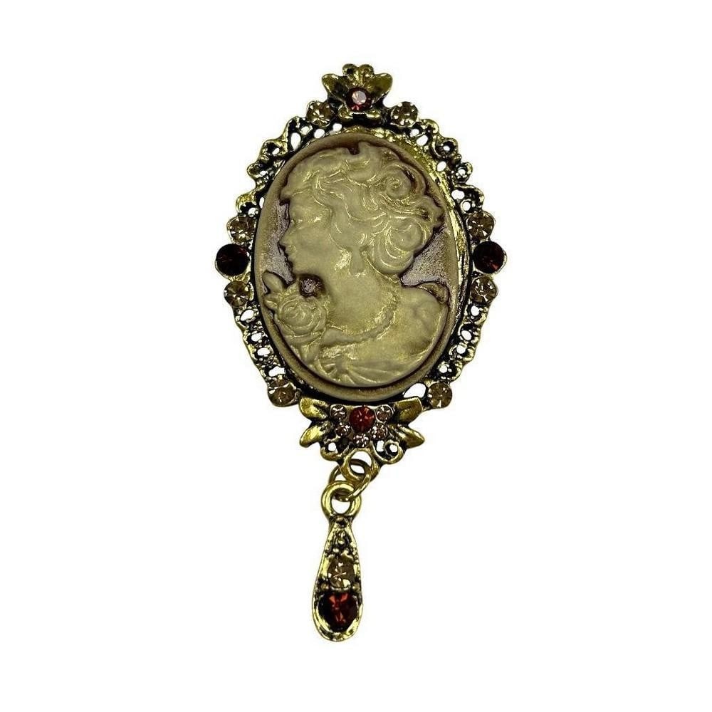 Butterfly Top Red Crystal Rhinestone Drop Cameo Brooch.: Butterfly Top Red Crystal Rhinestone Drop Cameo Brooch This brooch features a stunning cameo silhouette of a woman. It has a little butterfly like crown resting at the top of the brooch with a dangle