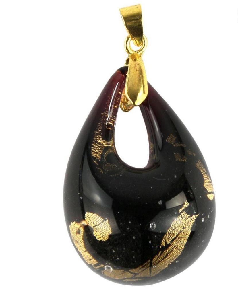 Black and Gold Toned Murano Glass Drop Pendant: Black and Gold Toned Murano Glass Drop Pendant Glass pendant hand made with aventurine glass decoration which gives this necklace both elegance and preciosity. Amazing colored affects and stunning