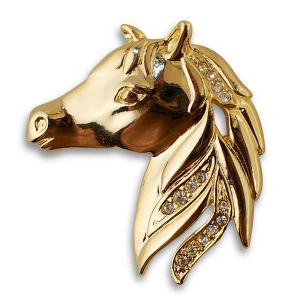 Gold Plated Horse Brooch with Crystals: Gold Plated Horse Brooch with Crystals Features: 1.25 Inches Wide X 1.3 Inches Tall Pewter, Crystals, Gold Plated Boxed Please View Photo For Further Details.