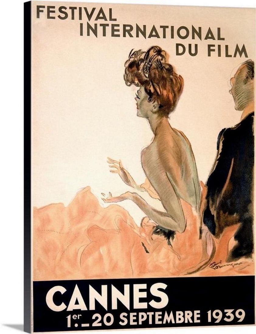 Cannes Film Festival Canvas Reproduction Print: Cannes Film Festival Canvas Reproduction Print Vintage advertising poster from 1939 showing a woman in a gown and a man in a tuxedo watching a film. This is a world renowned film festival and would