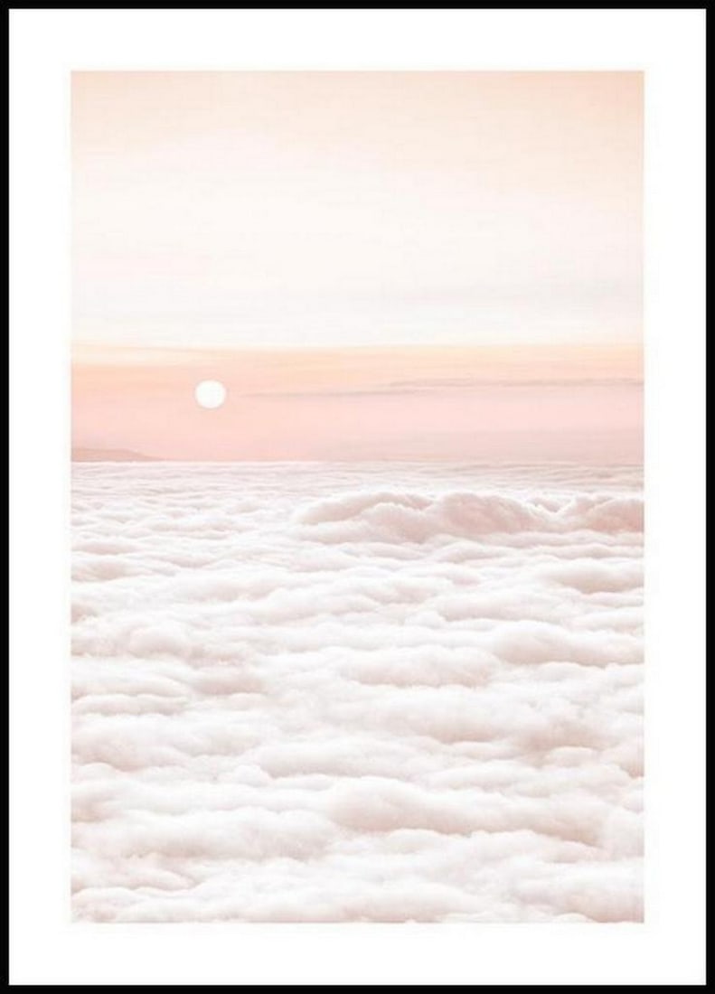 High Over The Clouds Poster: High Over The Clouds Poster A stunning photographic poster with a view over fluffy white clouds in a soft pink sky. This romantic poster makes you feel like you re floating away on a beautiful cloud,