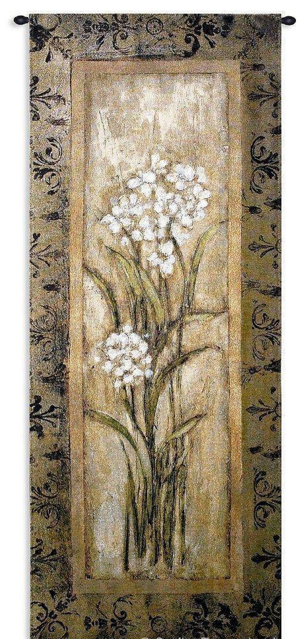 Paperwhite I Floral Inspired Wall Tapestry: Paperwhite I Floral Inspired Wall Tapestry This wall tapestry features a graceful floral design with a clean, elegant look that works well with many decor styles. Woven from 100% cotton with detailed