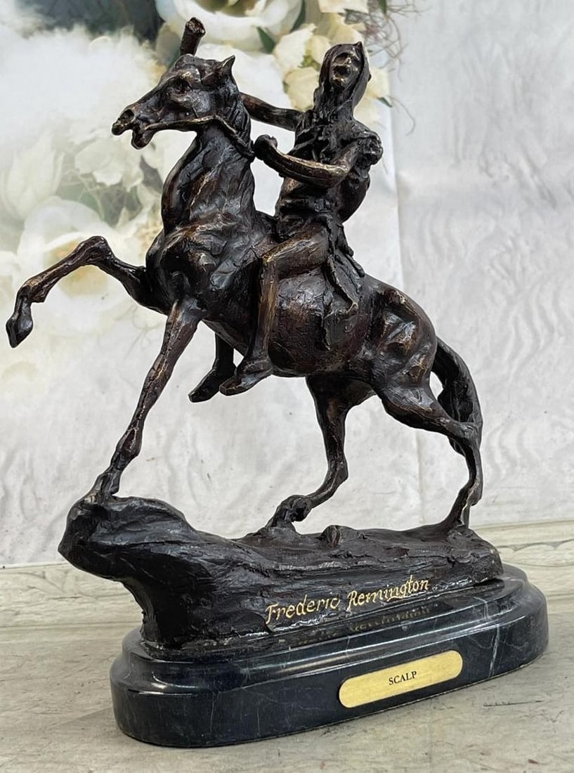 Remington Inspired 'Scalp' Bronze Sculpture - 10'' x 9'': Remington Inspired Scalp Bronze Sculpture - 10" x 9" Proud, resilient, strong and a fierce warrior, this Native American watches over his land and tribe. Great attention to detail was paid to hi