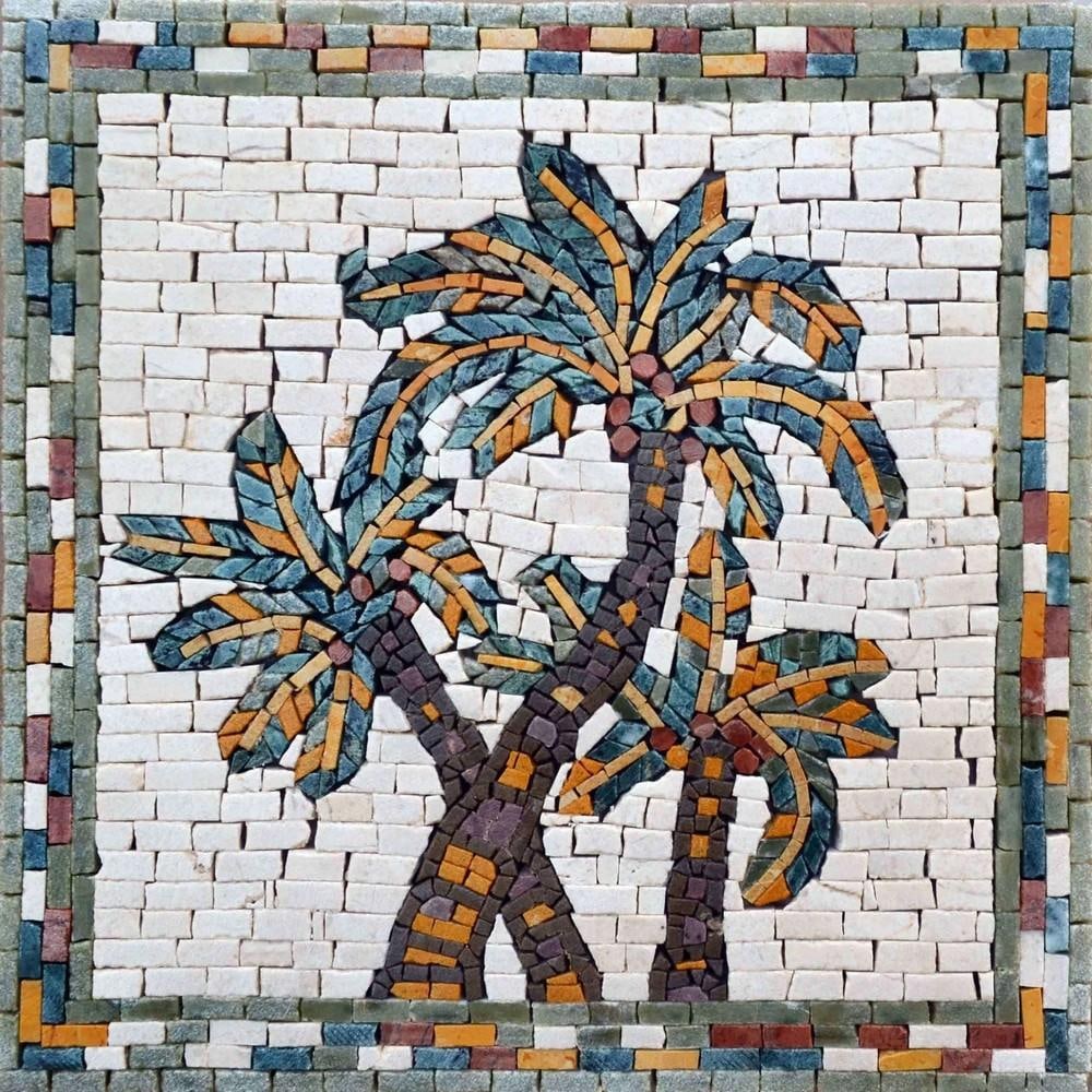 Desert Palm Mosaic: Desert Palm Mosaic A handcrafted mosaic featuring a desert palm tree with a fan-shaped crown of leaves. Made from natural stones in warm, earthy tones, this piece adds texture and visual interest to