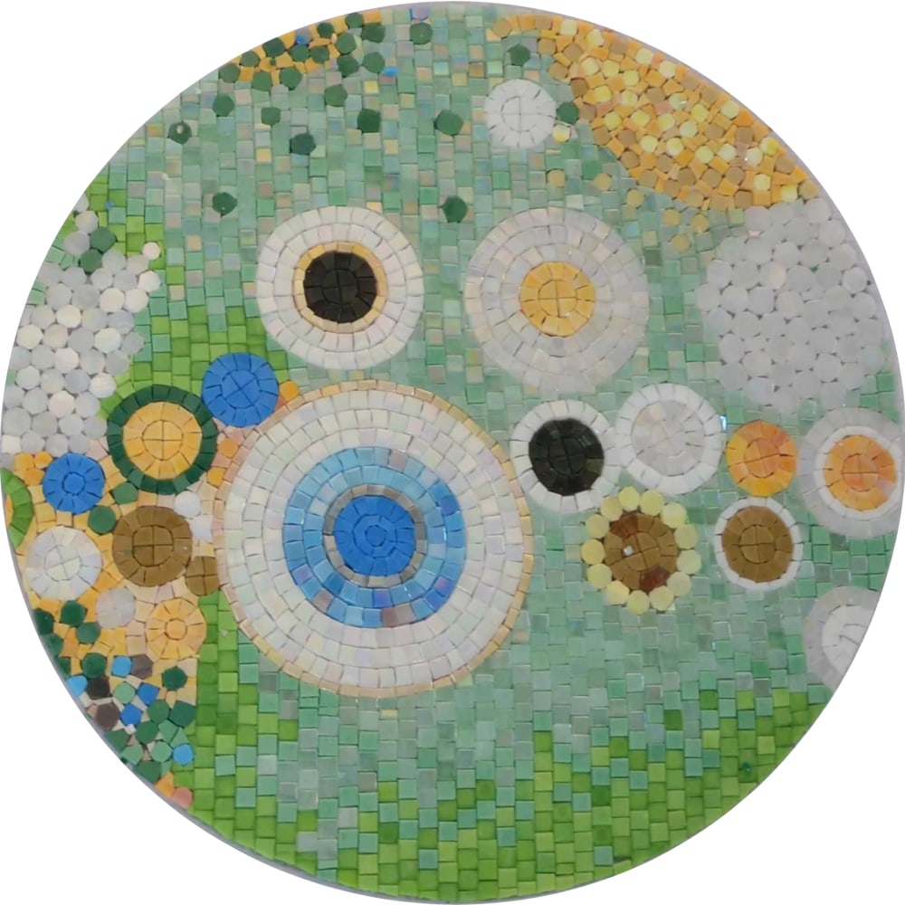 Geometric Rings Mosaic: Geometric Rings Mosaic A handcrafted mosaic made from glass stone. The piece features a circular pattern with multiple rings arranged in an abstract layout. Individually cut tiles are placed to