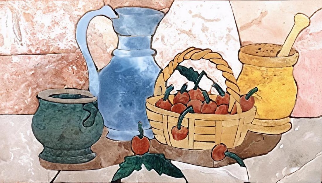 Petal Mosaic Art – Prehistoric Kitchen: Petal Mosaic Art – Prehistoric Kitchen A handcrafted mosaic design made from natural stone. The piece features a petal motif created by carefully cutting and arranging individual stone tiles,