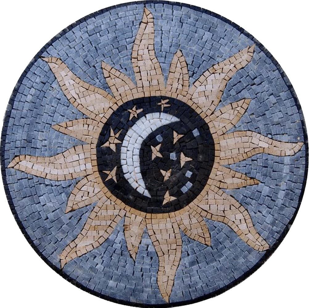 Amar - Moon & Sun Mosaic Medallion: Amar - Moon & Sun Mosaic Medallion A handcrafted mosaic made from natural stone, featuring a medallion design inspired by the moon and sun. The piece highlights detailed patterns and carefully