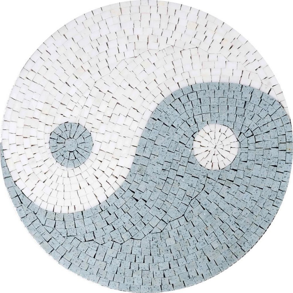 Round Yin and Yang Stone Mosaic: Round Yin and Yang Stone Mosaic A handcrafted round mosaic made from natural stone. The piece features the iconic Yin and Yang symbol, created with contrasting light and dark stone tiles to represent