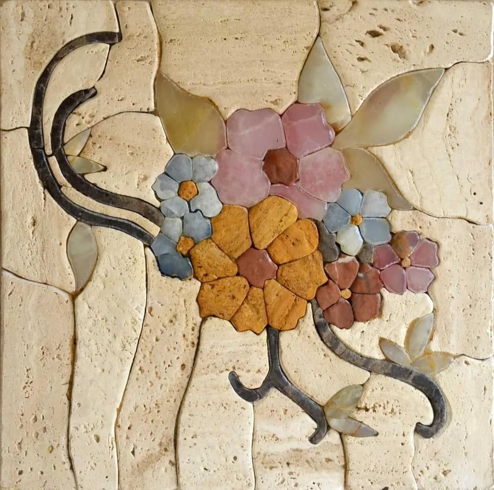 Colorful Bouquet Mosaic Wall Art: Colorful Bouquet Mosaic Wall Art A handcrafted mosaic made from natural stone, featuring a vibrant bouquet design. The piece showcases carefully arranged tiles that create a textured and visually