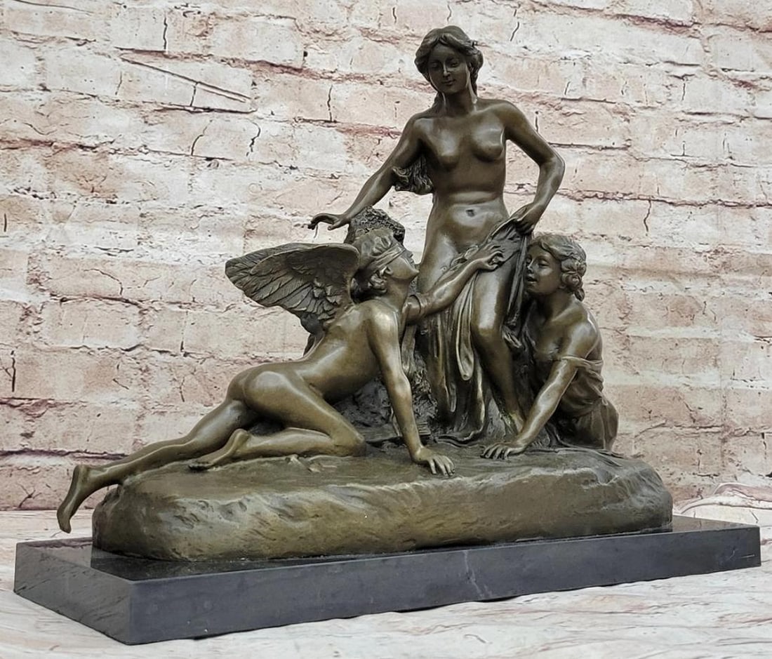 Lady Among 2 Angels Bronze Sculpture On Marble Base - 30lbs (1 of 7)