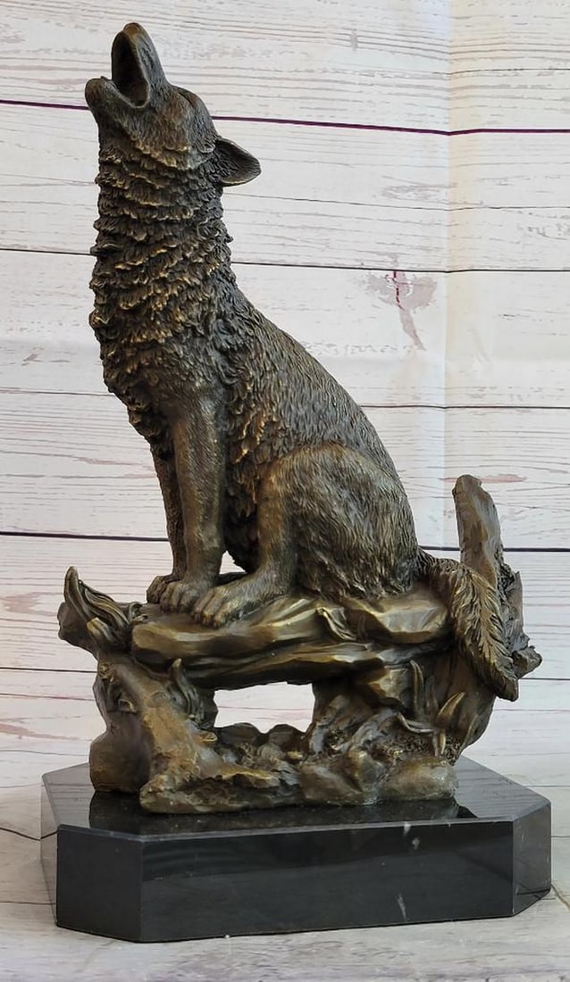 Signed Original Howling Wolf On Marble Base Bronze Sculpture - 14.5" x 12.5": Signed Original Howling Wolf On Marble Base Bronze Sculpture - 14.5" x 12.5" Enhance your home decor with this captivating Large Original Milo Wildlife Wolf on Cliff Bronze Sculpture. This exq