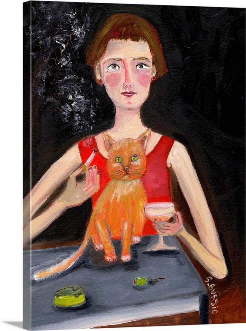 Vintage Woman With Cocktail & Cat Canvas Reproduction – 18" × 24": Vintage Woman With Cocktail & Cat Canvas Reproduction – 18" × 24" This canvas reproduction features Sharyn Bursic’s Vintage Woman With Cocktail and Cat, depicting a stylish woman