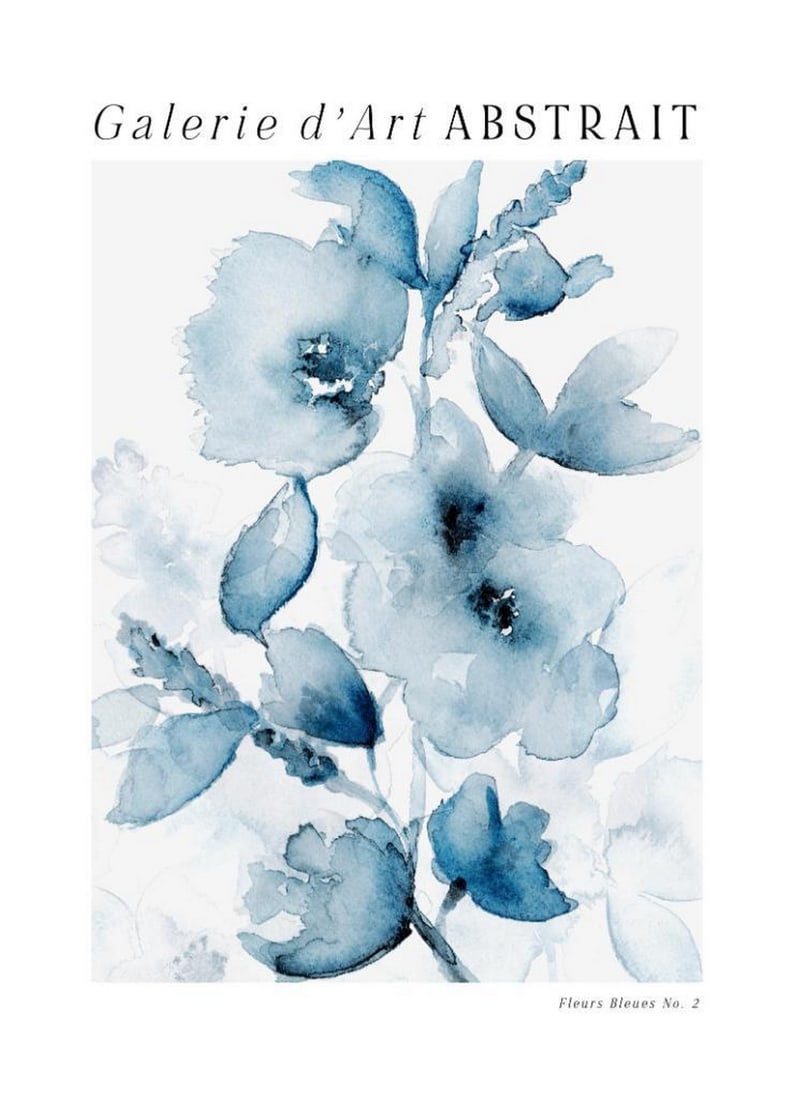 Blue Blooms Print Poster: Blue Blooms Print Poster A poster featuring blue watercolor flowers on a beige background with the text "Galerie d'Art ABSTRAIT - Fleurs Bleues No.2." The soft tones make it a charming