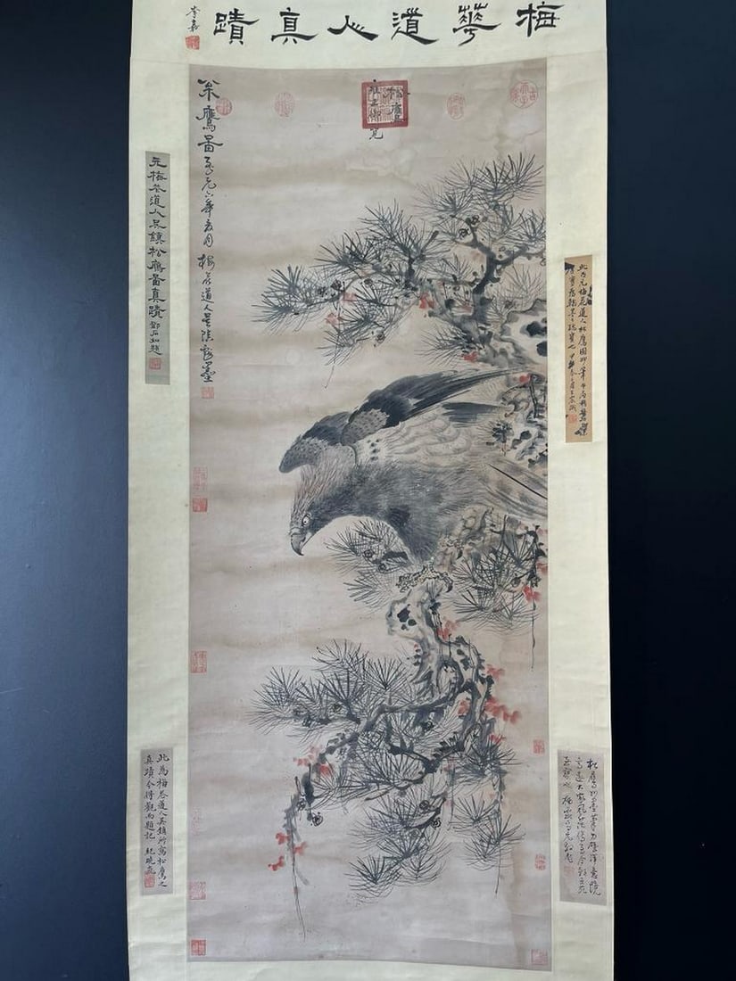 Yuan Wuzhen Fine Plum Blossom, Taoist Pine, and Eagle Picture Scroll: Yuan Wuzhen Fine Plum Blossom, Taoist Pine, and Eagle Picture Scroll An exquisite Chinese painting scroll by Yuan Wuzhen, featuring a harmonious composition of plum blossoms, a Taoist pine, and a soar